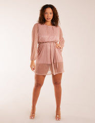 Metallic Plisse Belted Dress