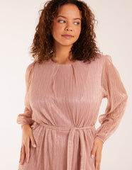 Metallic Plisse Belted Dress