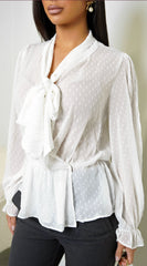 Elle Swiss Dot Front Tie Blouse Top - White