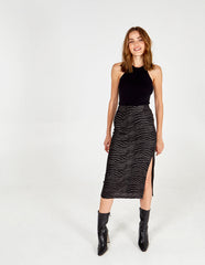 Zebra Foil Stripe Split Front Midi Skirt