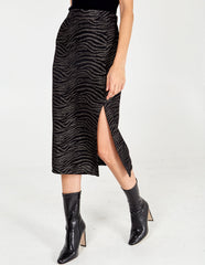 Zebra Foil Stripe Split Front Midi Skirt
