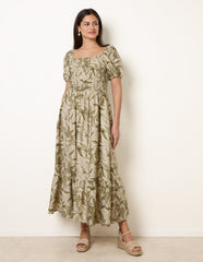 Large Floral Printed Square Neck Puff Sleeve Dress