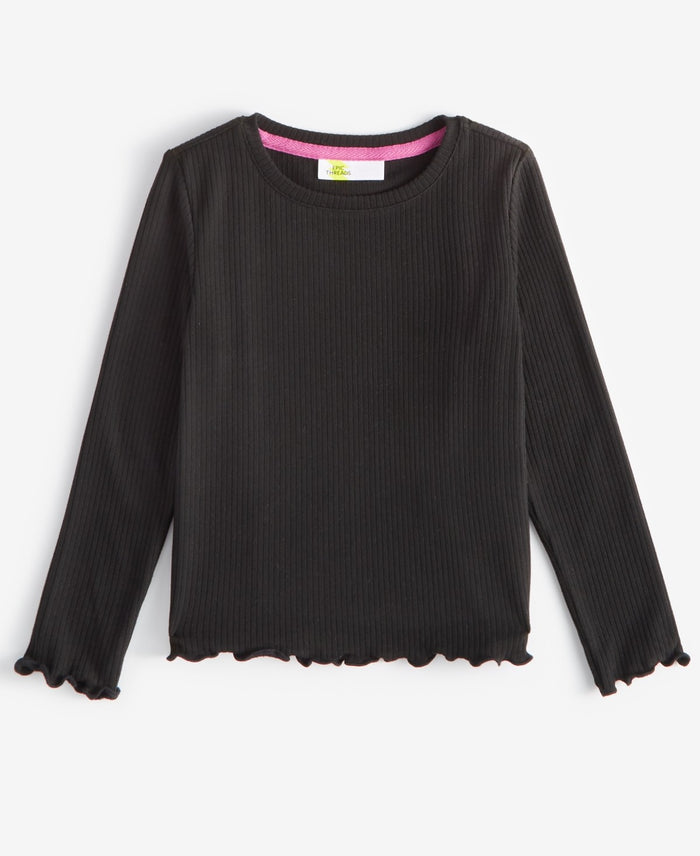 Epic Threads Girls Solid Ribbed Lettuce-Hem Top- Deep Black