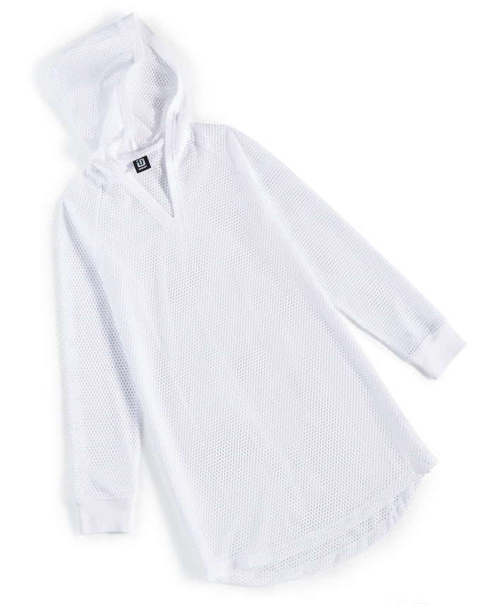 ID Ideology Girls Mesh Long-Sleeve Hooded Cover-up- Bright White