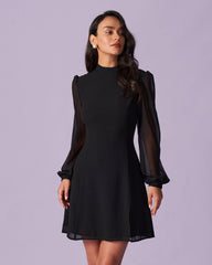 The Black Stand Collar Sheer Slit Mini Dress