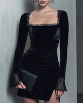 Black Square Neck Velour Mini Dress