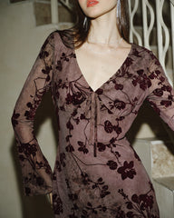 Purple V Neck Floral Mini Dress