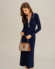 Blue Contrasting Button Sweater Dress