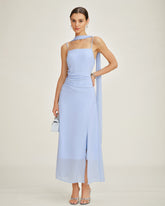 Blue Cowl Neck Strap Chiffon Maxi Dress