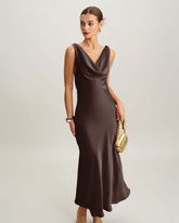 Coffee Cowl Neck Satin Maxi Dress