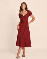 Red V Neck Lace Floral Midi Dress