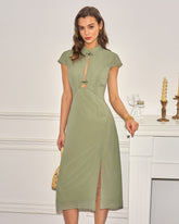 Green Mandarin Collar Chiffon Midi Dress