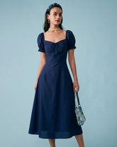 Navy V Neck Puffed Sleeve Midi Dress