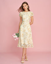 Yellow Puffed Sleeve Jacquard Midi Dress