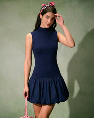 Navy Mock Neck Ruched Mini Dress