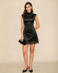 Black Turtle Lace Splicing Mini Dress