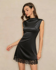 Black Turtle Lace Splicing Mini Dress