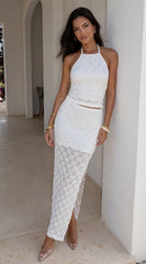 Mykonia Textured Crochet Halter Maxi Set - Cream White