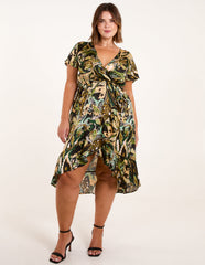 Curve Angel Sleeve Wrap Midi Dress