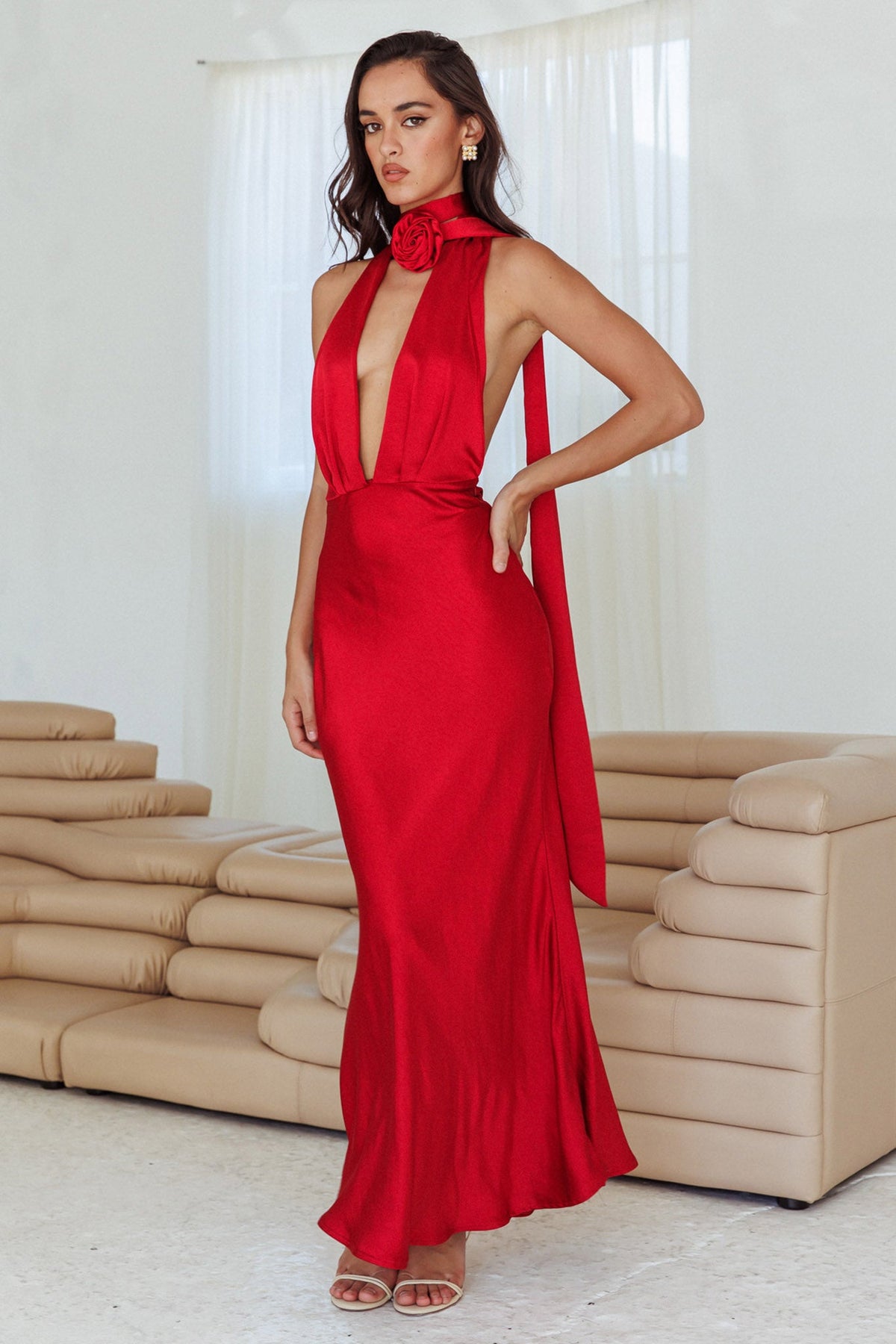 Italia Azure Halterneck Rose Dress Cherry