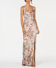 Adrianna Papell Women's Metallic Floral-Print Column Gown - Slate/Blush Floral