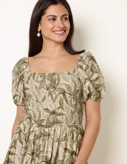 Large Floral Printed Square Neck Puff Sleeve Dress