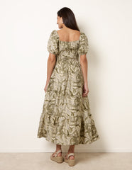 Large Floral Printed Square Neck Puff Sleeve Dress