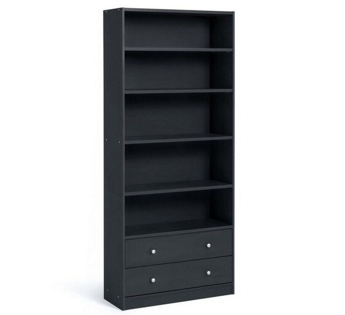 Maine 5 Shelf Bookcase With 2 Drawers Storage Unit Display Cabinet - Black Oak