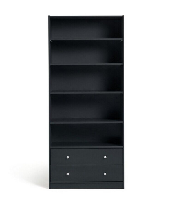 Maine 5 Shelf Bookcase With 2 Drawers Storage Unit Display Cabinet - Black Oak