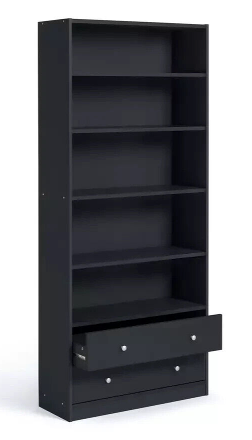 Maine 5 Shelf Bookcase With 2 Drawers Storage Unit Display Cabinet - Black Oak