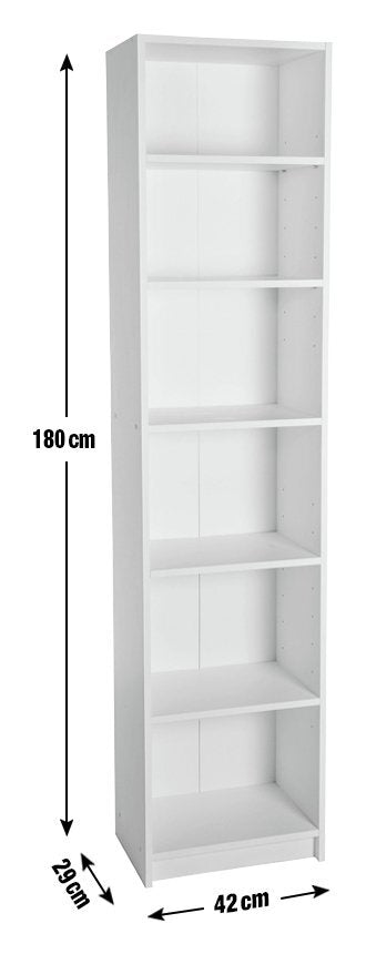 Maine Narrow 6 Shelf Bookcase - Shelving Storage Unit Display Cabinet - White