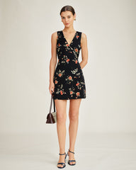 Black V Neck Floral A-Line Mini Dress