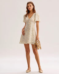Yellow Floral V-Neck Mini Dress