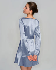 Blue Boat Neck Satin Mini Dress